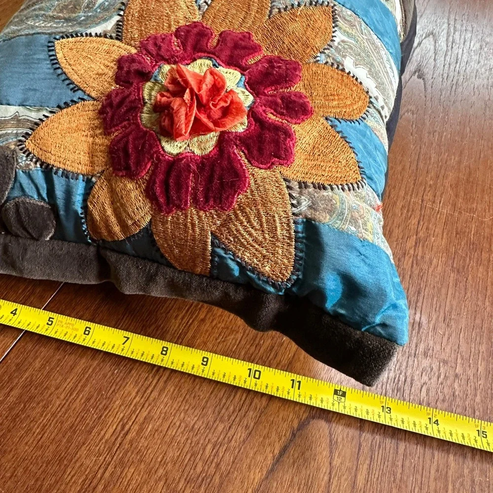 Pier 1 Floral Embroidered Velvet Accent Pillow 12x22 Boho Eclectic Maximalist